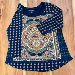 Lucky Brand 3/4 Sleeve Women's Geometric Navy Tee Size XL